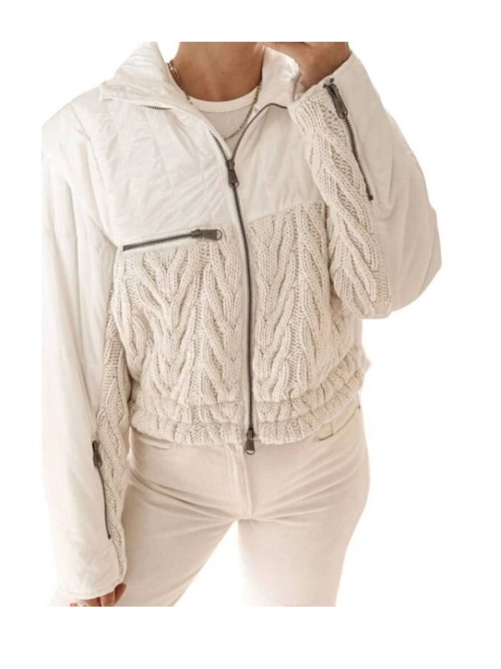 FP Movement  Cream Cable & Woven Zip Puffer Jacket